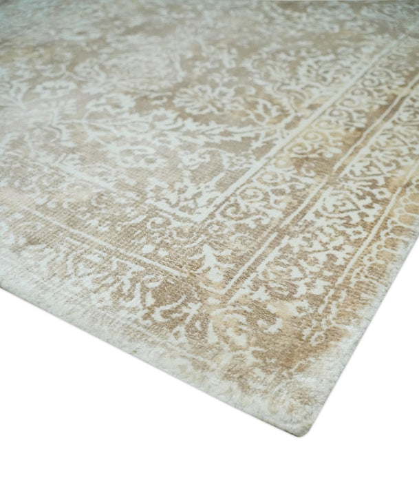 Premium Style Floral Traditional Ikat Large Design Camel and Ivory 5.6x7.9 Hand loom Viscose Area Rug