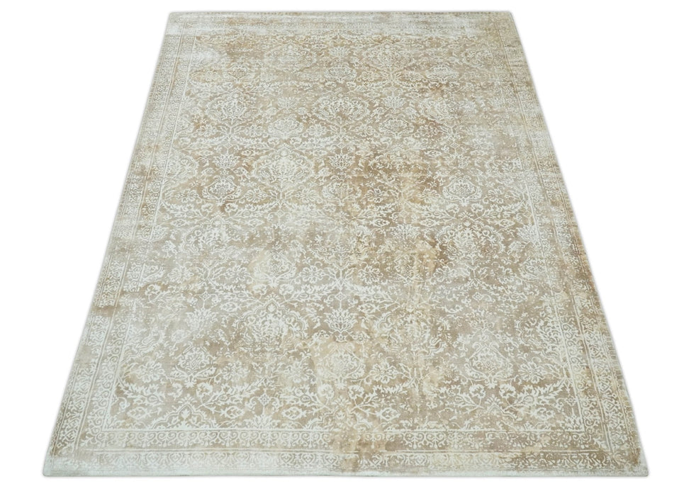 Premium Style Floral Traditional Ikat Large Design Camel and Ivory 5.6x7.9 Hand loom Viscose Area Rug