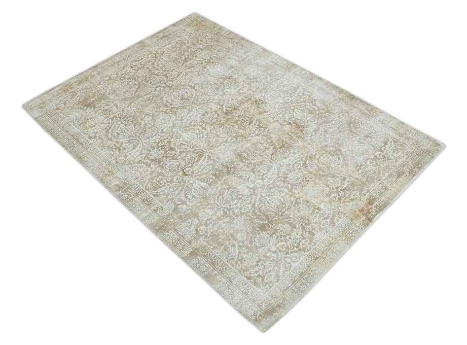 Premium Style Floral Traditional Ikat Large Design Camel and Ivory 5.6x7.9 Hand loom Viscose Area Rug