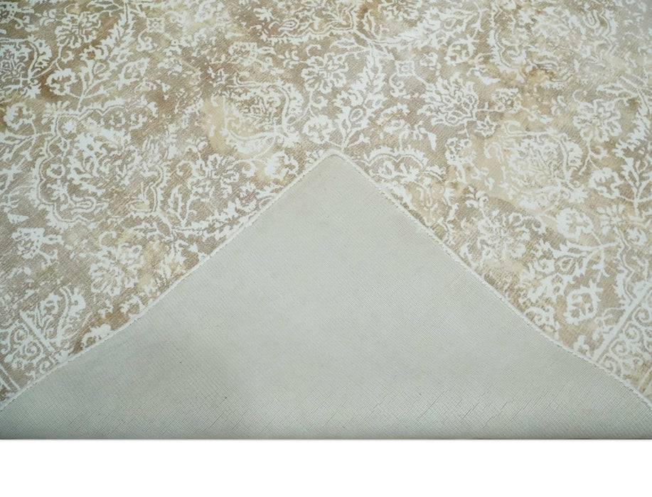 Premium Style Floral Traditional Ikat Large Design Camel and Ivory 5.6x7.9 Hand loom Viscose Area Rug