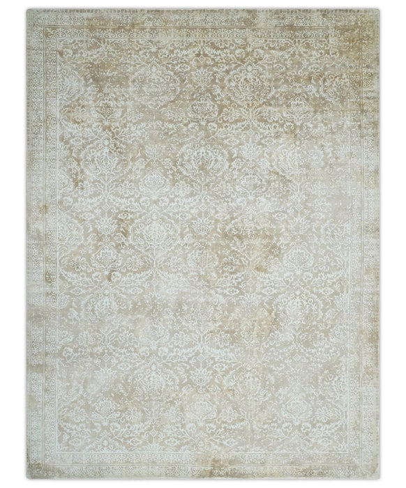 Premium Style Floral Traditional Ikat Large Design Camel and Ivory 5.6x7.9 Hand loom Viscose Area Rug
