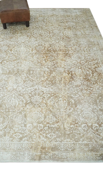 Premium Style Floral Traditional Ikat Large Design Camel and Ivory 5.6x7.9 Hand loom Viscose Area Rug