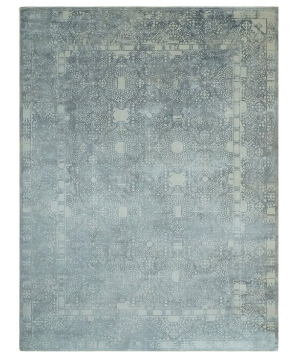 Premium Style Gray and Ivory Traditional Ikat Large design 5.6x8 Hand loom Wool and Viscose Area Rug