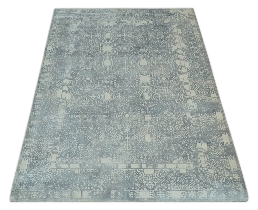 Premium Style Gray and Ivory Traditional Ikat Large design 5.6x8 Hand loom Wool and Viscose Area Rug