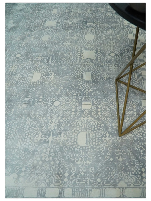 Premium Style Gray and Ivory Traditional Ikat Large design 5.6x8 Hand loom Wool and Viscose Area Rug