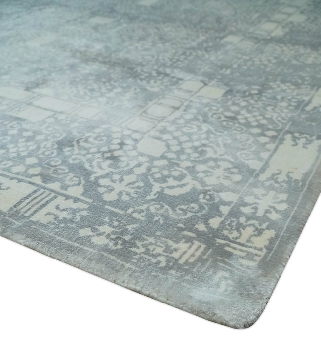 Premium Style Gray and Ivory Traditional Ikat Large design 5.6x8 Hand loom Wool and Viscose Area Rug