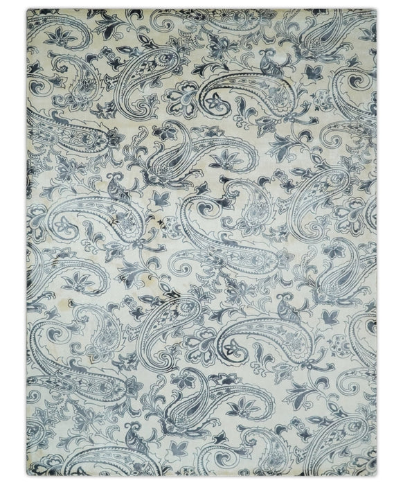 Premium Style Ivory and Charcoal Hand loom 5.6x8 Boteh Design Viscose Area Rug