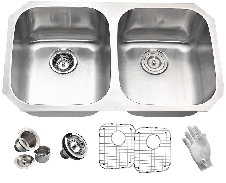 Moore Undermount Stainless Steel 32 in. 0-Hole 50/50 Double Bowl Kitchen Sink in Brushed Satin