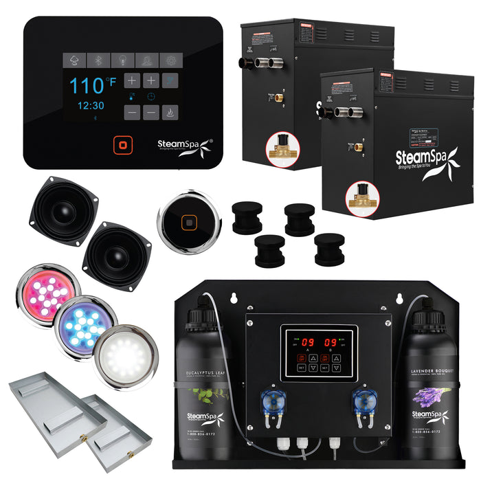 Black Series WiFi and Bluetooth 2 x 12kW QuickStart Steam Bath Generator Package with Dual Aroma Pump in Matte Black