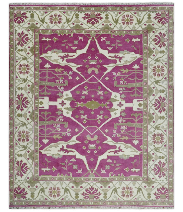 Purple, Ivory and Olive Traditional Hand knotted Oriental Oushak 9x12 wool Area Rug