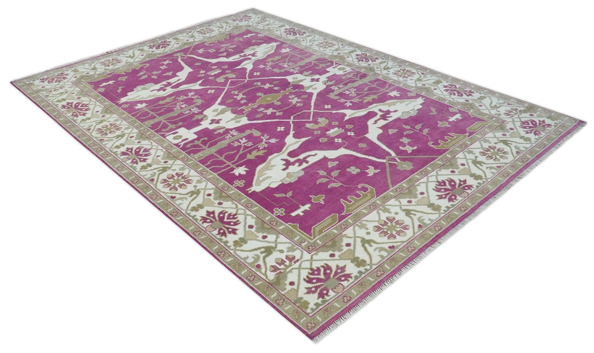 Purple, Ivory and Olive Traditional Hand knotted Oriental Oushak Multi Size wool Area Rug