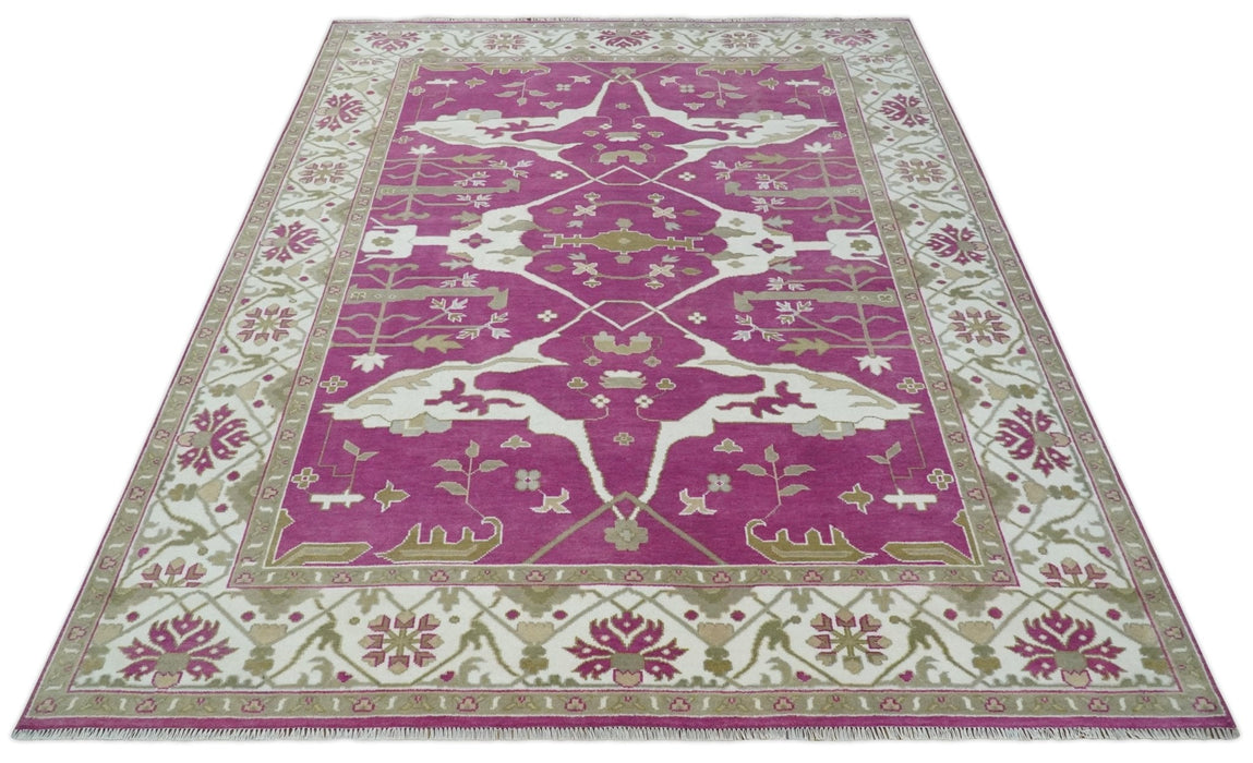 Purple, Ivory and Olive Traditional Hand knotted Oriental Oushak Multi Size wool Area Rug