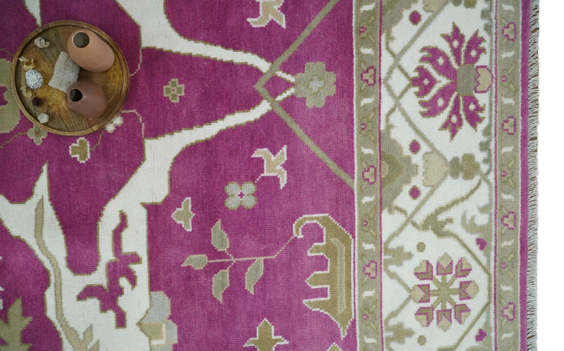Purple, Ivory and Olive Traditional Hand knotted Oriental Oushak Multi Size wool Area Rug