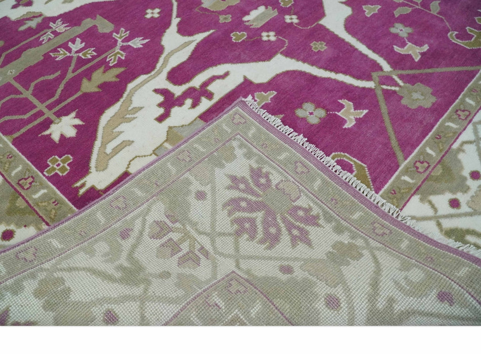 Purple, Ivory and Olive Traditional Hand knotted Oriental Oushak Multi Size wool Area Rug