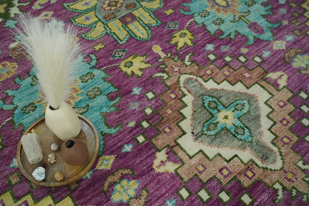 Purple, Ivory, Green and Aqua Hand Knotted Traditional Oushak 9x12 wool Area Rug