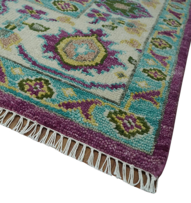 Purple, Ivory, Green and Aqua Hand Knotted Traditional Oushak 9x12 wool Area Rug