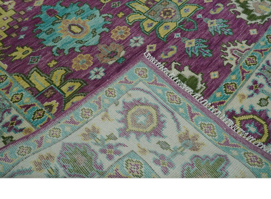 Purple, Ivory, Green and Aqua Hand Knotted Traditional Oushak 9x12 wool Area Rug