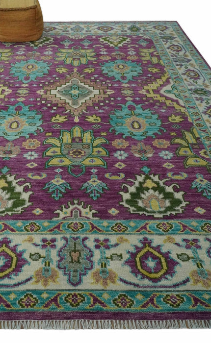 Purple, Ivory, Green and Aqua Hand Knotted Traditional Oushak 9x12 wool Area Rug