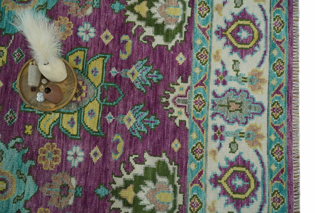 Purple, Ivory, Green and Aqua Hand Knotted Traditional Oushak 9x12 wool Area Rug