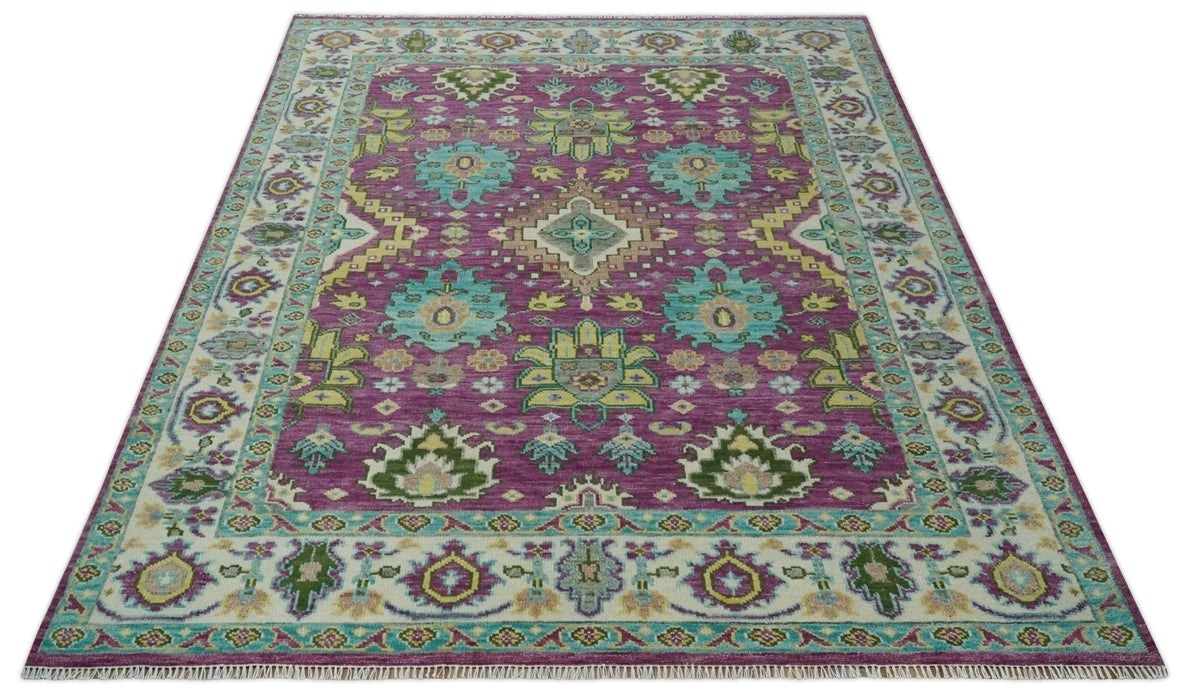 Purple, Ivory, Green and Aqua Hand Knotted Traditional Oushak 9x12 wool Area Rug