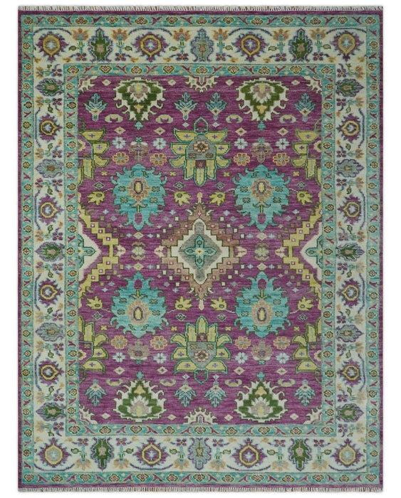 Purple, Ivory, Green and Aqua Hand Knotted Traditional Oushak 9x12 wool Area Rug