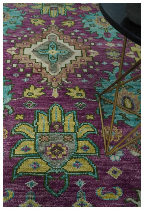 Purple, Ivory, Green and Aqua Hand Knotted Traditional Oushak 9x12 wool Area Rug