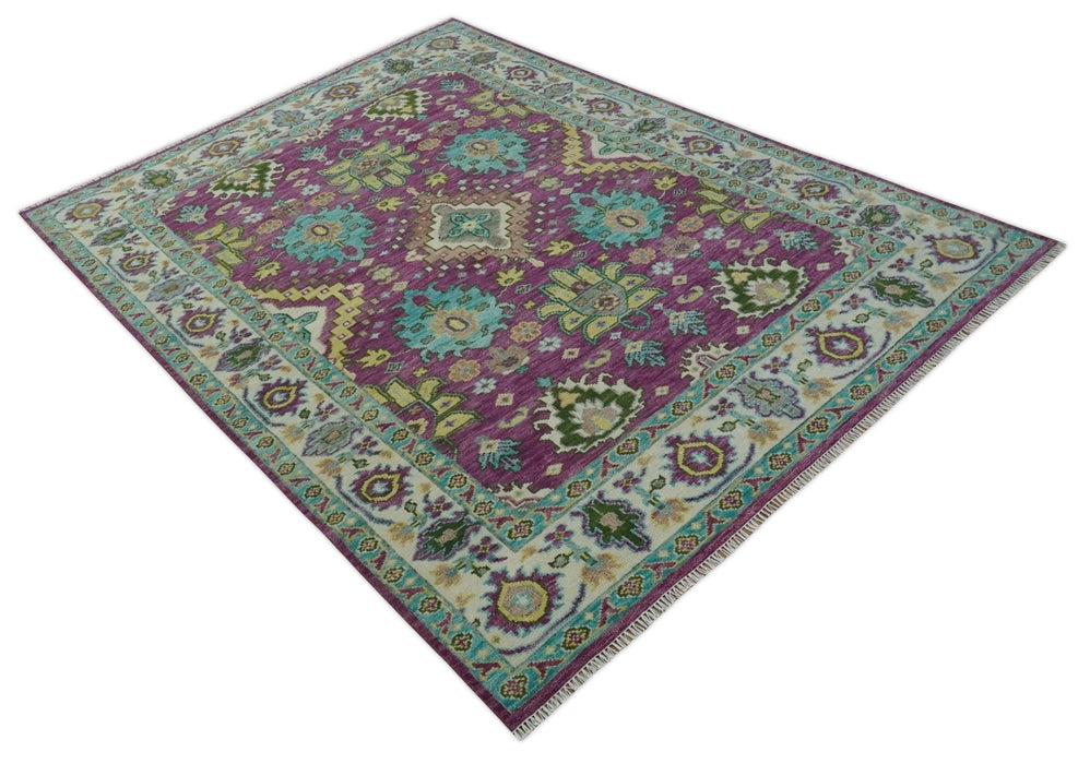 Purple, Ivory, Green and Aqua Hand Knotted Traditional Oushak 9x12 wool Area Rug