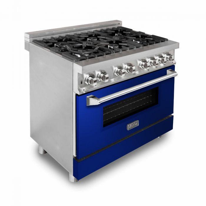 ZLINE 36 in. Dual Fuel Range with Blue Gloss Doors & 36 in. Range Hood Appliance Package, 2KP-RABGRH36