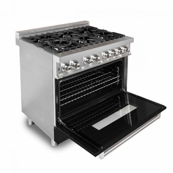 ZLINE 36 in. Dual Fuel Range with Black Matte Doors & 36 in. Range Hood Appliance Package, 2KP-RABLMRH36