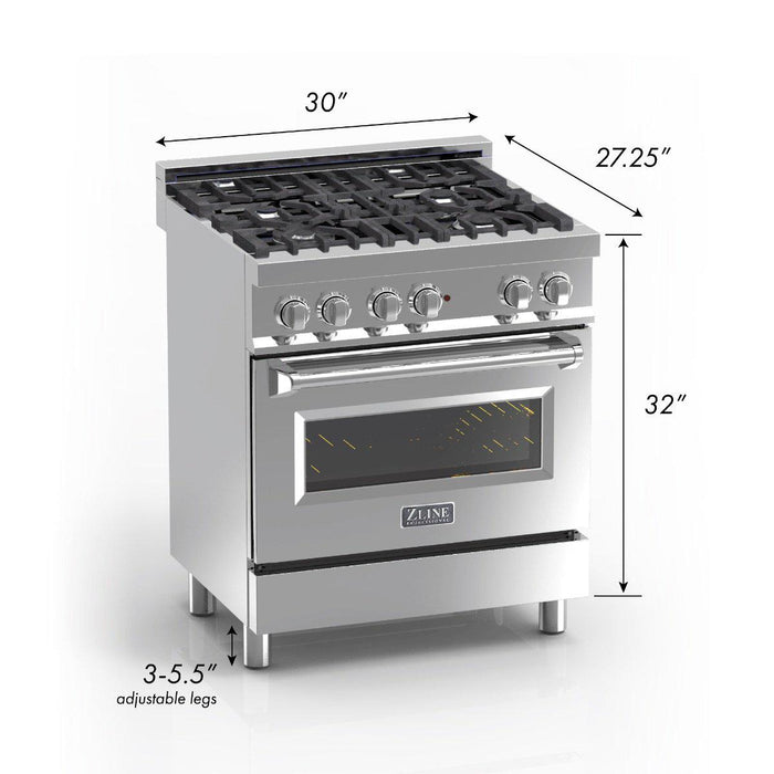 ZLINE 30 in. Professional Gas Burner/Electric Oven in DuraSnow® Stainless with Black Matte Door, RAS-BLM-30