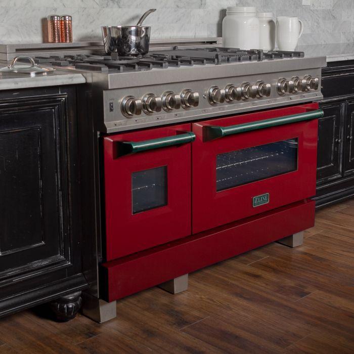 ZLINE 48 in. Professional Gas Burner/Electric Oven DuraSnow® Stainless 6.0 cu.ft. 7 Range with Red Gloss Door, RAS-RG-48