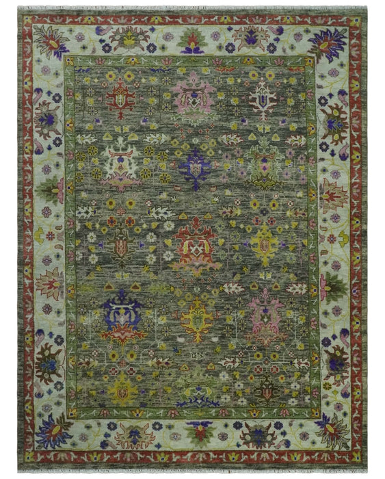 Ready 9x12 Traditional Moss Green and Silver Hand knotted Oushak Wool Area Rug