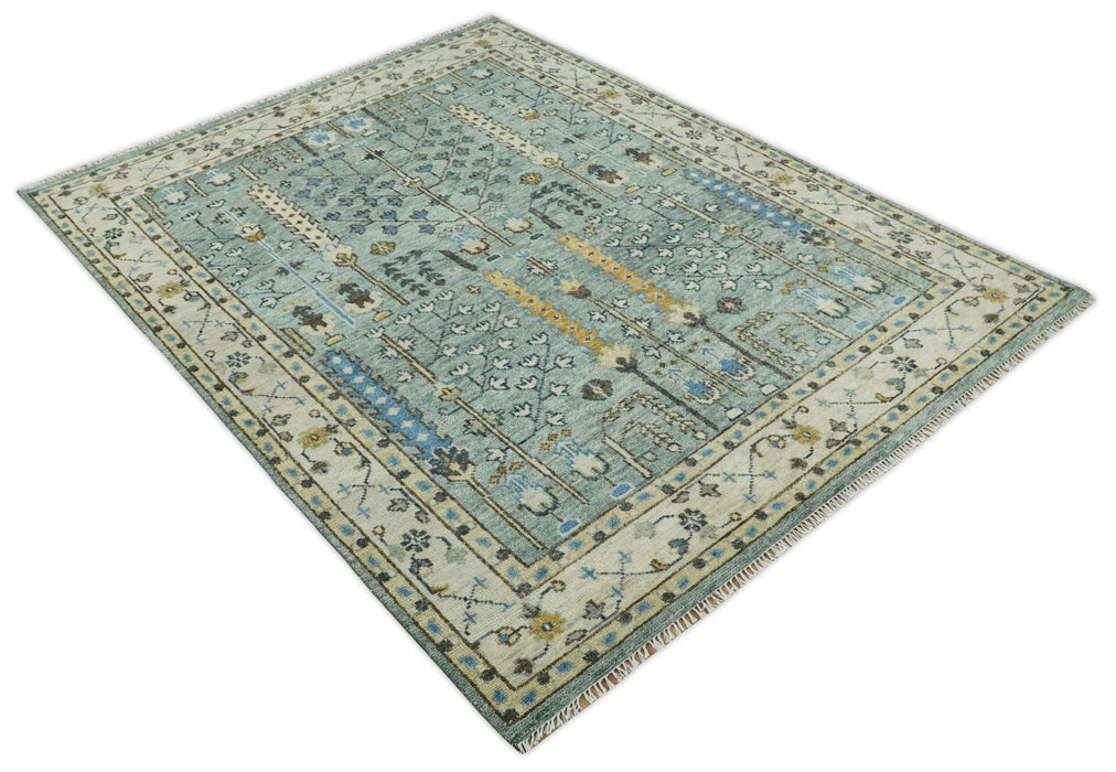 Ready to Ship 8x10, 9x12 Aqua and Ivory Tree Design Hand Knotted Wool Area Rug