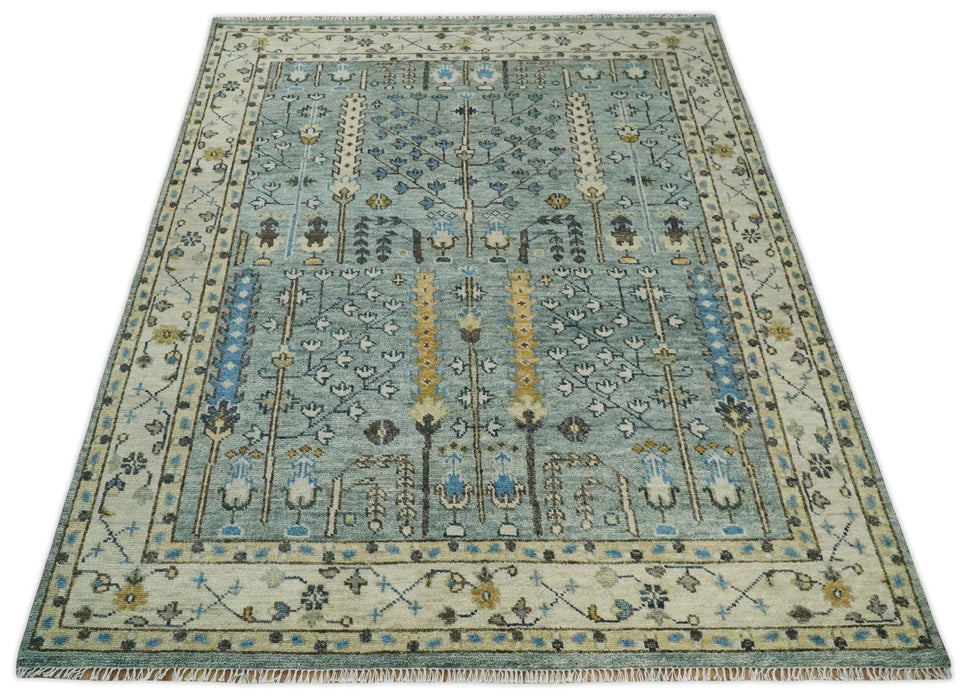 Ready to Ship Aqua and Ivory Tree of Design Hand Knotted Wool Area Rug
