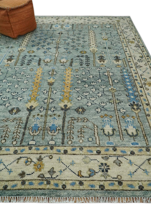 Ready to Ship 8x10, 9x12 Aqua and Ivory Tree Design Hand Knotted Wool Area Rug