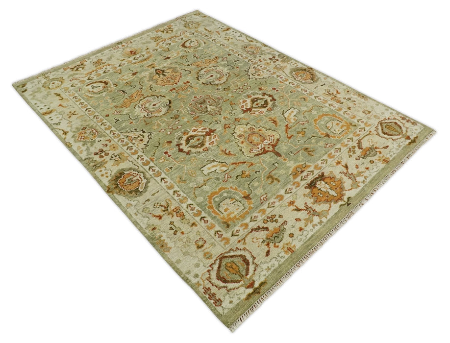 Ready to Ship 8x10, 9x12,10x14 Hand Knotted Green and beige Traditional Vintage Style Antique Wool Rug