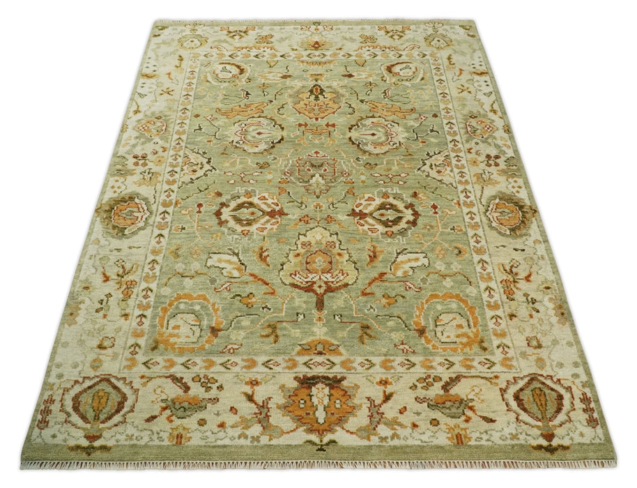 Ready to Ship 8x10, 9x12,10x14 Hand Knotted Green and beige Traditional Vintage Style Antique Wool Rug