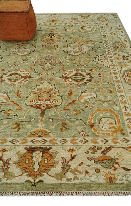 Ready to Ship 8x10, 9x12,10x14 Hand Knotted Green and beige Traditional Vintage Style Antique Wool Rug