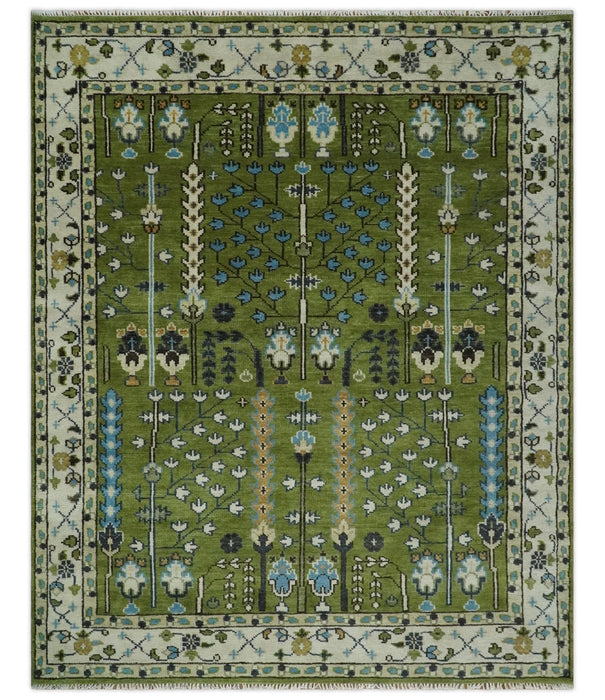 Ready to Ship Hand Knotted Green and Ivory Traditional Wool Area Rug