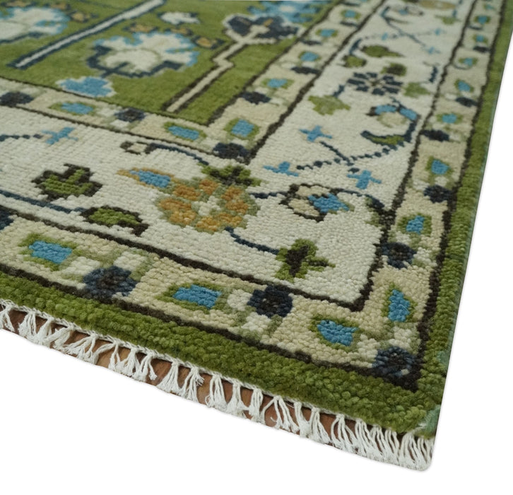 Ready to Ship Hand Knotted Green and Ivory Traditional Wool Area Rug