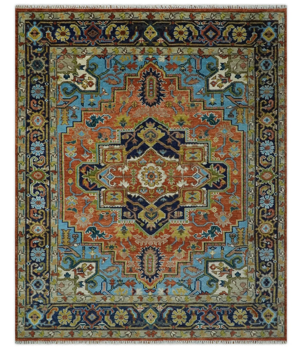 Ready to Ship 8x10 Rust and Blue Traditional Hand Knotted Wool Area Rug