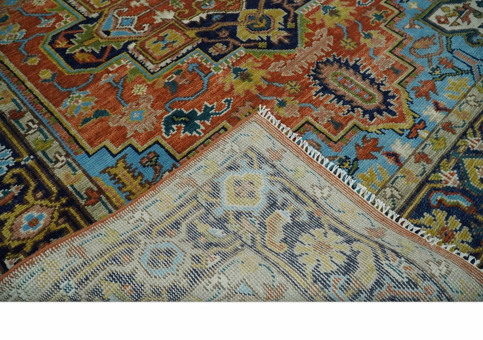 Ready to Ship 8x10 Rust and Blue Traditional Hand Knotted Wool Area Rug