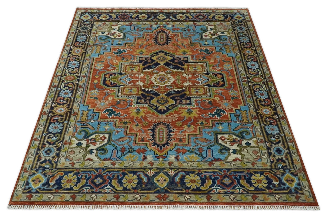 Ready to Ship 8x10 Rust and Blue Traditional Hand Knotted Wool Area Rug