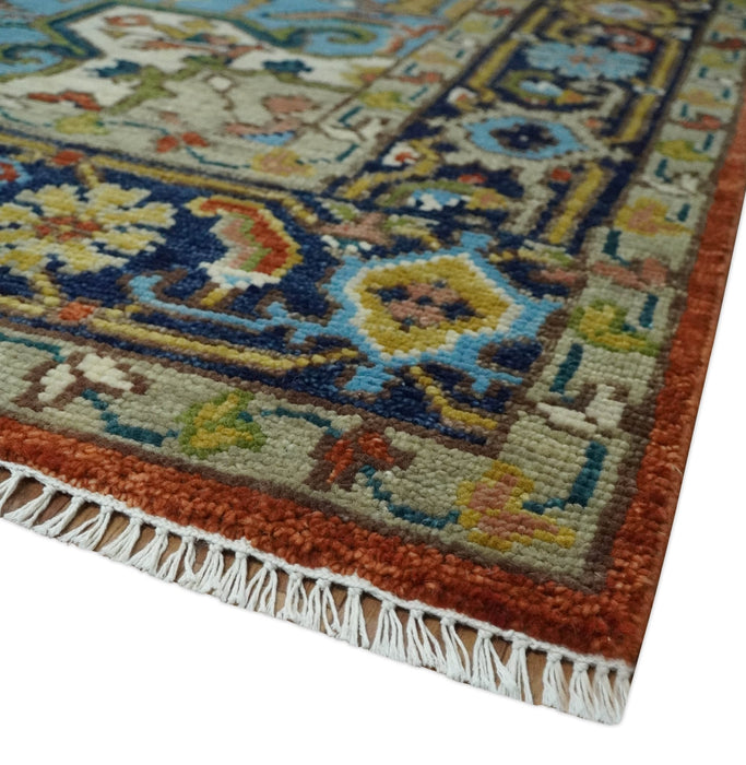 Ready to Ship 8x10 Rust and Blue Traditional Hand Knotted Wool Area Rug
