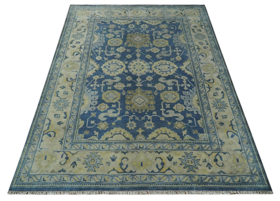 Ready to Ship 9x12 Hand Knotted Blue and Beige Traditional Oushak Wool Rug