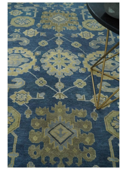 Ready to Ship 9x12 Hand Knotted Blue and Beige Traditional Oushak Wool Rug