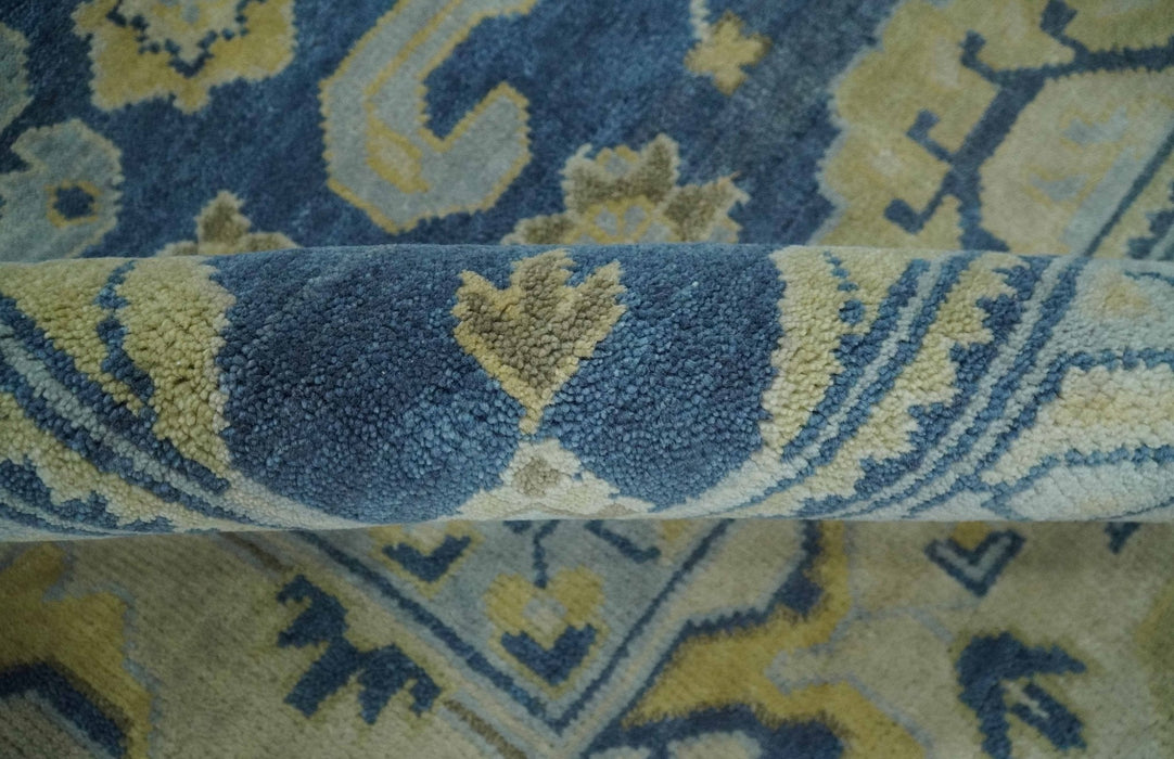 Ready to Ship 9x12 Hand Knotted Blue and Beige Traditional Oushak Wool Rug