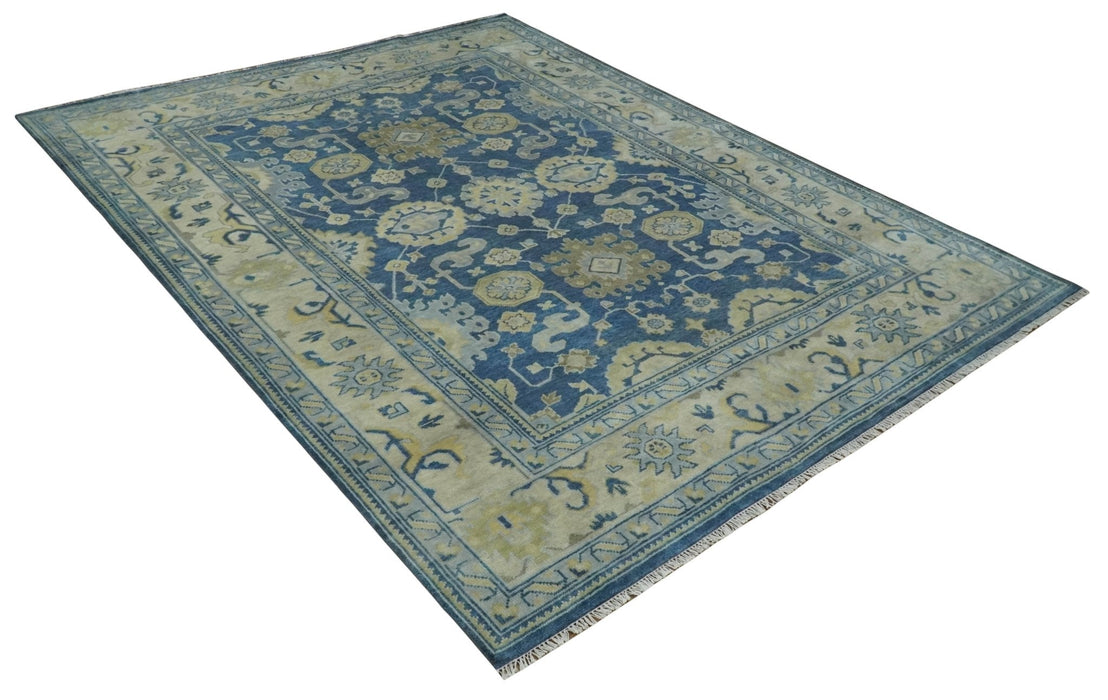 Ready to Ship 9x12 Hand Knotted Blue and Beige Traditional Oushak Wool Rug