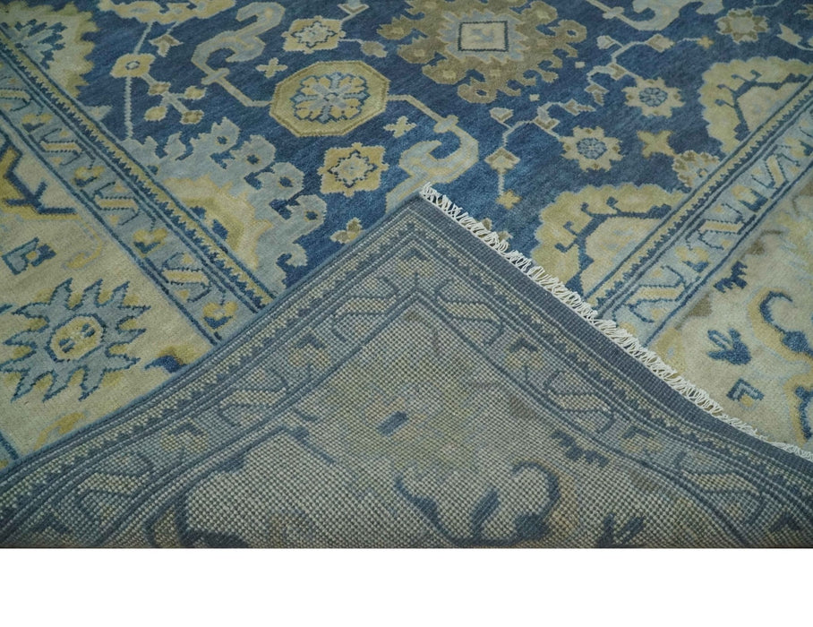 Ready to Ship 9x12 Hand Knotted Blue and Beige Traditional Oushak Wool Rug