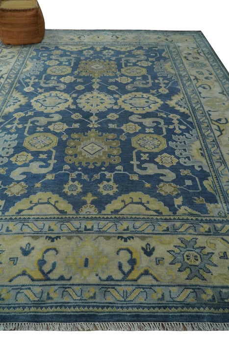 Ready to Ship 9x12 Hand Knotted Blue and Beige Traditional Oushak Wool Rug